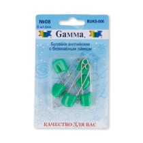 Булавки английские " Gamma" BUKS- 006 с безопасным замком в блистере 6 шт 40 мм 08 зеленый — фото 1