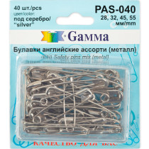 Булавки английские " Gamma" PAS- 040 ассорти под серебро сталь в блистере 40 шт 28мм, 32мм, 45мм, 55мм — фото 1